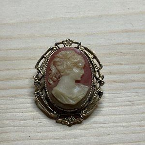 Vintage Cameo Brooch Pin With Gold-Tone Frame & Red Background